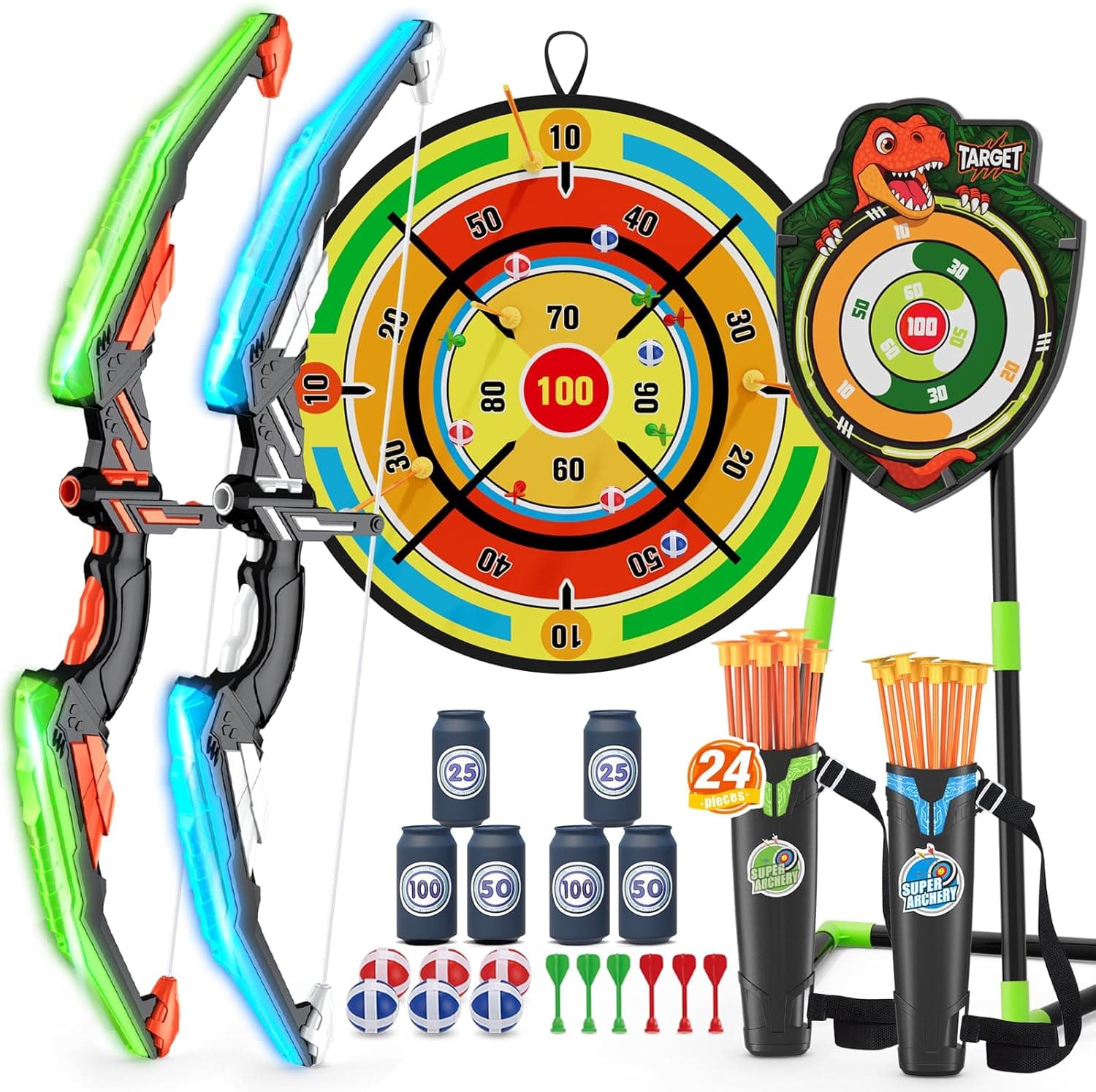 HYES 2 Pack Kids Bow and Arrow with 29" Large Dart Board